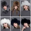 Gours Fur Hat for Women Natural Raccoon Fox Fur Russian Ushanka Hats Winter Thick Warm Ears Fashion Bomber Cap Black New Arrival LY191228