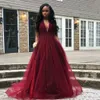 Sexy Burgundy A Line Prom Dresses Deep V Neck Beading Sequined Backless Tulle Formal Gown Tiered Skirt Evening Party Dress Gowns Custom