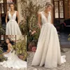 Lihi Hod 2020 Boho Wedding Dresses A Line Bridal Gowns 3D Floral Lace Appliqued Backless Wedding Dress V Neck Robes De Mariée