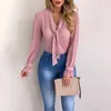 Frauen Blusen Mode Langarm V-ausschnitt Rosa Hemd Chiffon Büro Bluse Dünne Casual Tops Plus Größe S-5XL