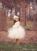 Nouveau Blanc Robe De Bal Puffy Cupcake Court Enfant Fleur Filles Robes Sheer 3/4 Manches Longueur Au Genou Tulle Anniversaire Pageant Communion Robes