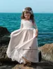 Nyaste prinsessan Flower Girls Dresses Half Hides Juvel Neck Lace Applique Little Girl Pageant Ball Gown Ankle Length Party Dress