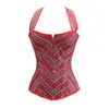 Red Checked Halterneck Corset and G-String Set Women Fashion Plus Size S-6XL British Style Plaid Overbust Lace-up Corsetlet