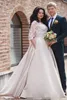 Sleeves Champagne Long Dresses A Line Lace Applique Satin Scoop Neck Covered Buttons Plus Size Country Wedding Bridal Gown pplique