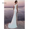 Satin spets bröllopsklänning sjöjungfru o-nacke, genom brudklänningar strand ärmlös elegant fest klänningar boho