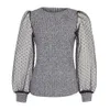 Malha feminina Puffy Primavera e Outono Thbbed Manga Longa Camisa Solta Ocasional de Bolinhas Tops Elegant Femme Turtleneck