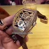 5 cores Saratoge Vanguard V 45 T SQT preto oco esqueleto mostrador automático relógio masculino rosa ouro caixa de diamante pulseira de borracha de couro W296x