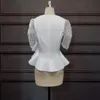 Kvinnors Blusar T-shirts Vit V Hals Sexig Tunna Transparent Puff Sleeves Beading Waist Belt Peplum Toppar Skjorta Mode Bluas Kvinna Sommar