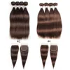Paquetes de cabello humano recto indio con cierre # 2 # 4 Marrón chocolate 3 o 4 paquetes con cierre de encaje Extensiones de cabello humano Remy