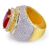 Moda Hip Hop Anelli placcati oro per uomo 3A Cubic Zirconia Red Gem Hiphop Ring Mens Fashion Jewelry