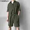 Incerun 2019 moda homens romper macacão com cinto meia manga streetwear casual playsuit calças homens macacões de carga harajuku 5xl