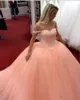 2020 New Peach Ball Gown Quinceanera Dresses Off Shoulder Crystal Beading Tulle Open Back Sweet 16 Plus Size Party Dress Prom Evening Gowns