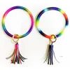 PU Leather Rainbow Bracelet Keychain O Key Ring Wristlet Colorful Circle Keyrings Tassel Pendant Wristlet Women Girl Wristbands