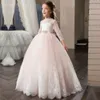 Christmas Girls Pageant Dresses High Neck Sheer Neck Long Sleeves Flower Girls Dress Handmade Flowers Ball Gown Autumn Kids Birthday Dress