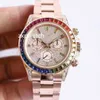 Automatic gold rose gold silver rainbow watch full works no chronograph function baguette diamonds bezel men wristwatch334h