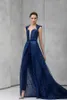 2020 Marineblauer Abendoverall mit abnehmbarem Rock, Spitze, Pailletten, Perlen, Stehkragen, Abendkleid, Tony Ward, formelle Partykleider, Hosenanzug