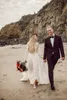 2020 Beach Gelinlik Uzun Kollu Mücevher Boyun Dantel Aplike Şapel Tren şifon Custom Made Boho Gelinlikler Vestido de novia