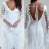 Kant v-hals strand bridal jurk sexy backless zomer licht bruidsjurken lange mouwen sweep trein zeemeermin goedkope trouwjurk