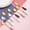 Tableware Coffee Stirring Spoon Ceramic Handle Flower Scoop Stainless Steel Gold Plated Cherry Rose Spoons WB1937