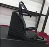 Nuevo 2019 Diseñador Mujer Sandalias de tacón de cuña Zapatos de tacón alto con correa en T de calidad superior Vestido de charol para mujer Zapatos individuales Sandalias con letras