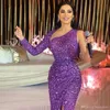 New surpreendente Dubai árabe roxo Bainha Prom vestido longo de um ombro Frente Dividir Vestido tornozelo comprimento Cocktail Party Gown