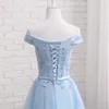 Fora do ombro tule longo vestidos de dama de honra com renda vestido de festa de casamento blush rosa céu azul champanhe187u