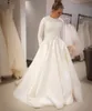 2019 New A-line Satin Muslim Modest Wedding Dress With Long Sleeves Lace Appliques High Jewel Neck Modest Bridal Gown With Pockets