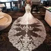 Plus storlek African Mermaid Bröllopsklänningar Sheer Jewel Neck Illusion Långärmade Lyxstenar Lace Appliques Bridal Gown Cathedral Train