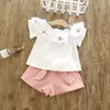 Çocuk Giyim Zarif Ruffles Ananas Nakış Beyaz Gömlek Kısa Bebek Kız Ile Serin Yaz Giysileri ücretsiz kargo