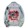 Denim Ceket Erkek Graffiti Denim Ceketler Sokak Giyim 2019 Yeni Sonbahar Hip Hop Gündelik Patchwork yırtık punk kot pantolon dış giyim