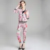 Women's Two Piece Pants Trytree Spring Women Silky Print Set Casual O-Neck Zipper Tops + Elastic Waist Female Suit Thin 2
