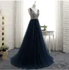 Bling Beaded Sequin Jurken Navy Blue Prom Dress 2019 V-hals Tule Empire Taille Jurken Avond Draag Formele Jurken Vestido de Novia