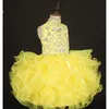 Abito da ragazza di fiore di colore giallo per abiti da prima comunione con lacci in organza con perline allacciati per la festa nuziale