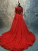 2019 Vermelho Manga Longa Vestidos Formais Vestido de Noite 3D Floral Applique Frisada Lantejoulas Profundo Decote Em V Ruched Drapeado Partido Prom Vestido Africano Meninas