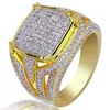New Fashion Gold Plated CZ Cubic Zirconia Hollow Rectangle Mens Ring Band Hip Hop Full Diamond Ring Jewelry Birthday Gift for Boys Wholesale