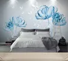 カスタム任意のサイズの壁紙3 d抽象的な青い花蝶イラストリビングルームの寝室の背景壁の装飾壁紙