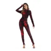 Kobiety Vintage Szkielet Róża Drukuj Straszny Kostium Czarny Skinny Kombinezon Body Halloween Cosplay Garnitur Rozciągliwy Outfit Femme