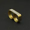 Hip Hop Rhinestone Two-finger Ring For Mens Geometric Glossy Gold Plated Stainless Steel Simple Rings Fashion Jewelry200y