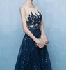 Navy Blue Evening Dress Scoop Sleevless Zipper Back Sweep Train Long Prom Dress with Shining Sequins