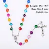 Nova Religiosa Católico Rainbow Rosário Longo Colares Jesus cruz pingente 8 MM Bead cadeias Para mulheres Dos Homens de Moda Jóias Cristã