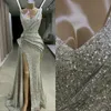 Silberne Pailletten-Meerjungfrau-Abschlussballkleider mit V-Ausschnitt, glitzerndes, vorne geteiltes Abendkleid, rückenfrei, bodenlang, formelle Kleidung, Vestidos de Novia