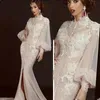 Hot Sale Mermaid Lace Evening Jurken Arabische hoge nek Appliqued Side Split prom jurken met lange mouwen plus size formele jurk 407