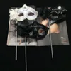 Svart Vit Party Masks På Stick Sexig Eyeline Maskerade Mardi Gras Halloween Masker Sexiga Pärlor Eyeliner Side Flower Masks