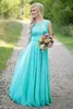 2020 Billiga Teal Country Turquoise Bridesmaid Klänningar En Linje Chiffon Lace V Baklösa Långa Billiga Brudtärna Klänningar För Bröllop Gästklänningar