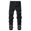 Patchwork Denim jean hommes crayon pantalon coupe ajustée motard jean maigre décontracté survêtement grande poche latérale Hip Hop noir Cargo pantalon 210U