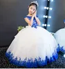 Royal Blue Lace White Tulle Flower Girls Dresses For Wedding Party Ball Gown Off the shoulder Backless Cheap First Communion Dress279j