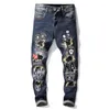 Top quality men's elastic embriodery skull fashion Jeans Designer Men Jeans Famous Brand Slim Fit Mens Printed Jeans Denim Pants 068