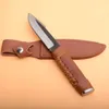Nouveau couteau de chasse droit de survie en plein air, lame satinée en acier à haute teneur en carbone, couteaux à manche en cuir avec gaine en cuir