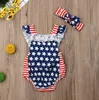 Baby Girl Clothes Stars Striped Girls Rompers Headband Set Backless Toddler Jumpsuits 4th of July Infant Clothes Summer Baby Clothing DW3633