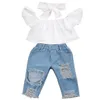 Wholesale kid designer clothes girls Fashion Off shoulder Crop Tops White+Hole Denim Pant Jean+Headband Toddler baby girl designer clothes